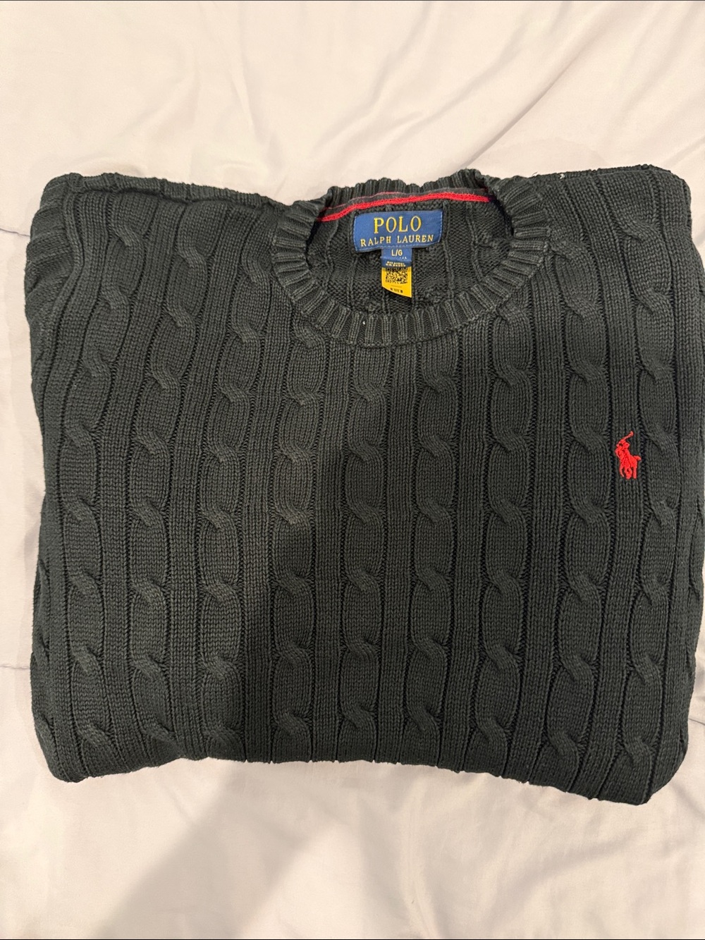 Polo by Ralph Lauren Black Cable Knit Crewneck Sweater with Red Pony